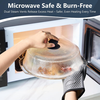 Glass Microwave Splatter Cover for Food Plates & Cookware with Oven Mitts, Borosilicate Glass Splatter Lid Guard with Vent Hole & Easy Grip Silicone Handle, 100% BPA Free & Dishwasher Safe