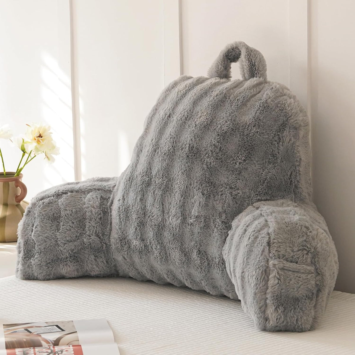 Faux Fur Reading Pillow for Sitting in Bed, Large Backrest Bed Pillow with Arms, Back Support Pillow for Lounging Bedrest, Beige