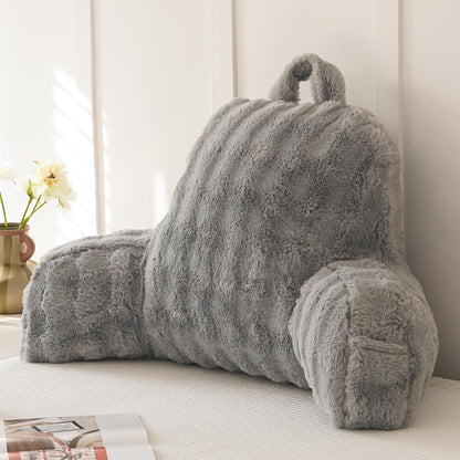 Faux Fur Reading Pillow for Sitting in Bed, Large Backrest Bed Pillow with Arms, Back Support Pillow for Lounging Bedrest, Beige