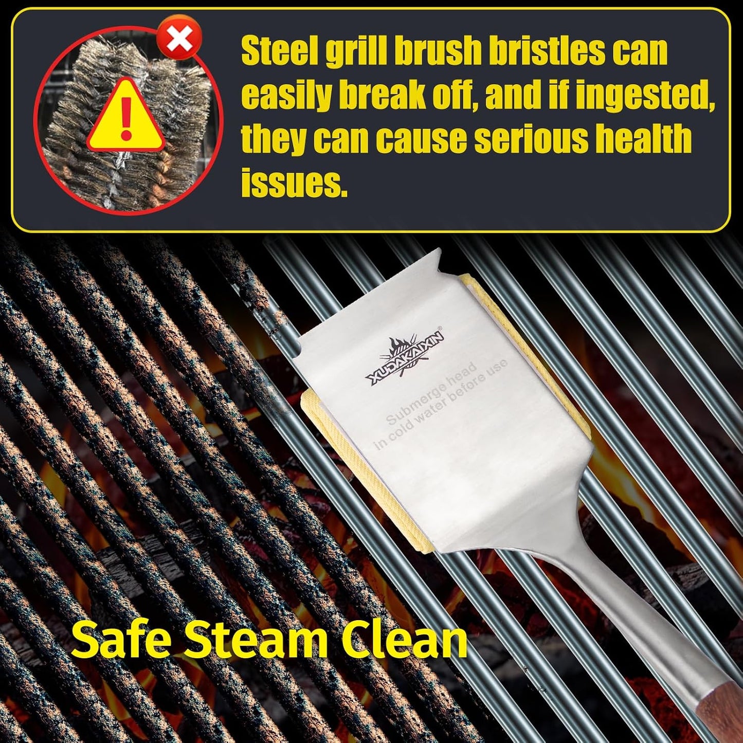 Bristle-Free Steam Cleaning Grill Brush Kit – Luxurious Long Rosewood Handle, Includes 1 Replacement Head – Safe BBQ Grill Cleaning for Outdoor Grill – Great Gift for Men/Dad