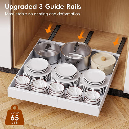 Pull Out Cabinet Organizer, 21"Deep Slide Out Drawers for Kitchen Cabinets | Adjustable Width 12.05"-20.4", For Framed/Frameless cabinets, No Drill Adhesive, 3‑Rail Smooth Glide, Height-Raising Pads