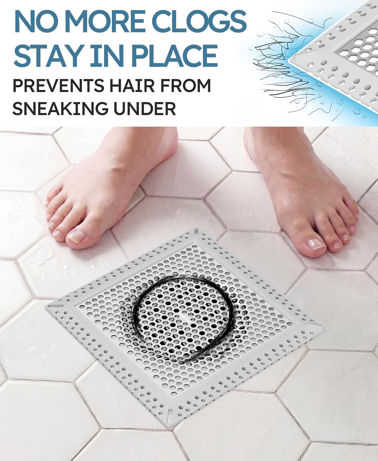 Square Shower Drain Hair Catcher, Anti-Clogging, Gray, 4 inch | Fast Drainage, Anti-Slip & Stays in Place, Stainless Steel & TPE Material, Easy Clean Fits Bathroom Hair Catcher for Shower