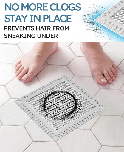 Square Shower Drain Hair Catcher, Anti-Clogging, Gray, 4 inch | Fast Drainage, Anti-Slip & Stays in Place, Stainless Steel & TPE Material, Easy Clean Fits Bathroom Hair Catcher for Shower
