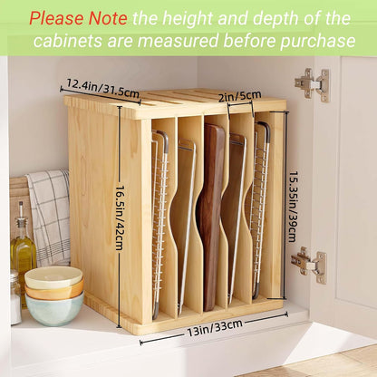 6 Tier Cookie Sheet Pan Organizer for Kitchen Cabinet | Sturdy Natural Solid Wood, Easy Assembly, Vertical Tray Divider for Baking Sheets, Platters, Cutting Boards