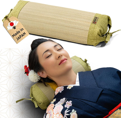 Japanese Neck Roll Pillow for Relaxation, Original Bolster Cylinder Pillow Made with Japanese Igusa Rush, Infused with HIBA Essence, Hard Cervical Pillow for Neck Stretch and Meditation, Made in Japan
