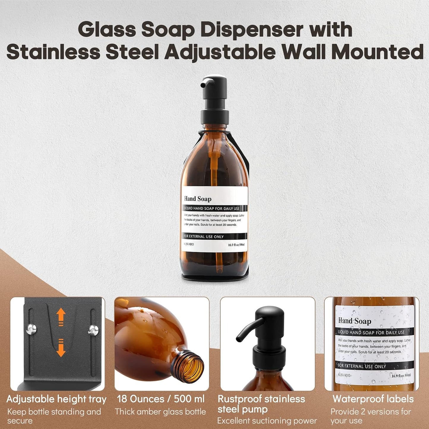 Glass No-Drill Wall Mounted Shower Soap/Hand Soap Dispenser with Adjustable Stainless Steel Holder for Bathroom and Kitchen-(Black 3 Chamber)