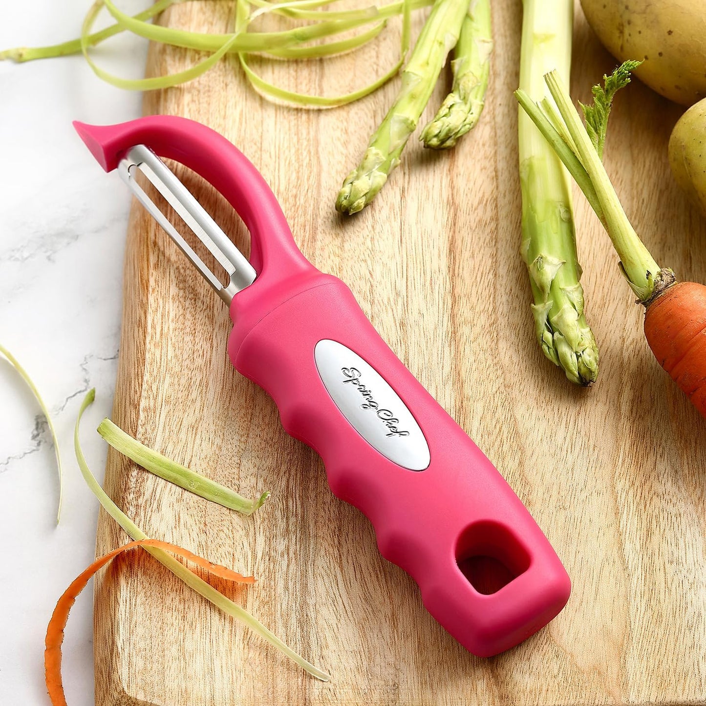 Spring Chef Swivel Potato Peeler for Kitchen w/ Soft Grip Handle, Mango | Premium Vegetable Peeler w/ Sharp Stainless Steel Blades, Multifunctional Food Peeler for Apple, Carrot, Cucumber, Fruit