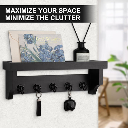 Key and Mail Holder Wall Mount, Mail Organizer with 5 Key Hooks | Key Holder with Shelf, Key Holder for Coat, Dog Leash, Home Decor Rack, Entry Way Organizer