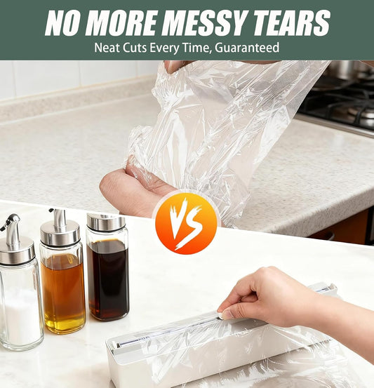 Magnetic Plastic Wrap Dispenser with Cutter for Kitchen. | Fits 12" Rolls. Strong Magnetic Mount for Fridge or Metal Surfaces. Hidden Blade. Dual Mounting: Magnetic + Adhesive Hooks.