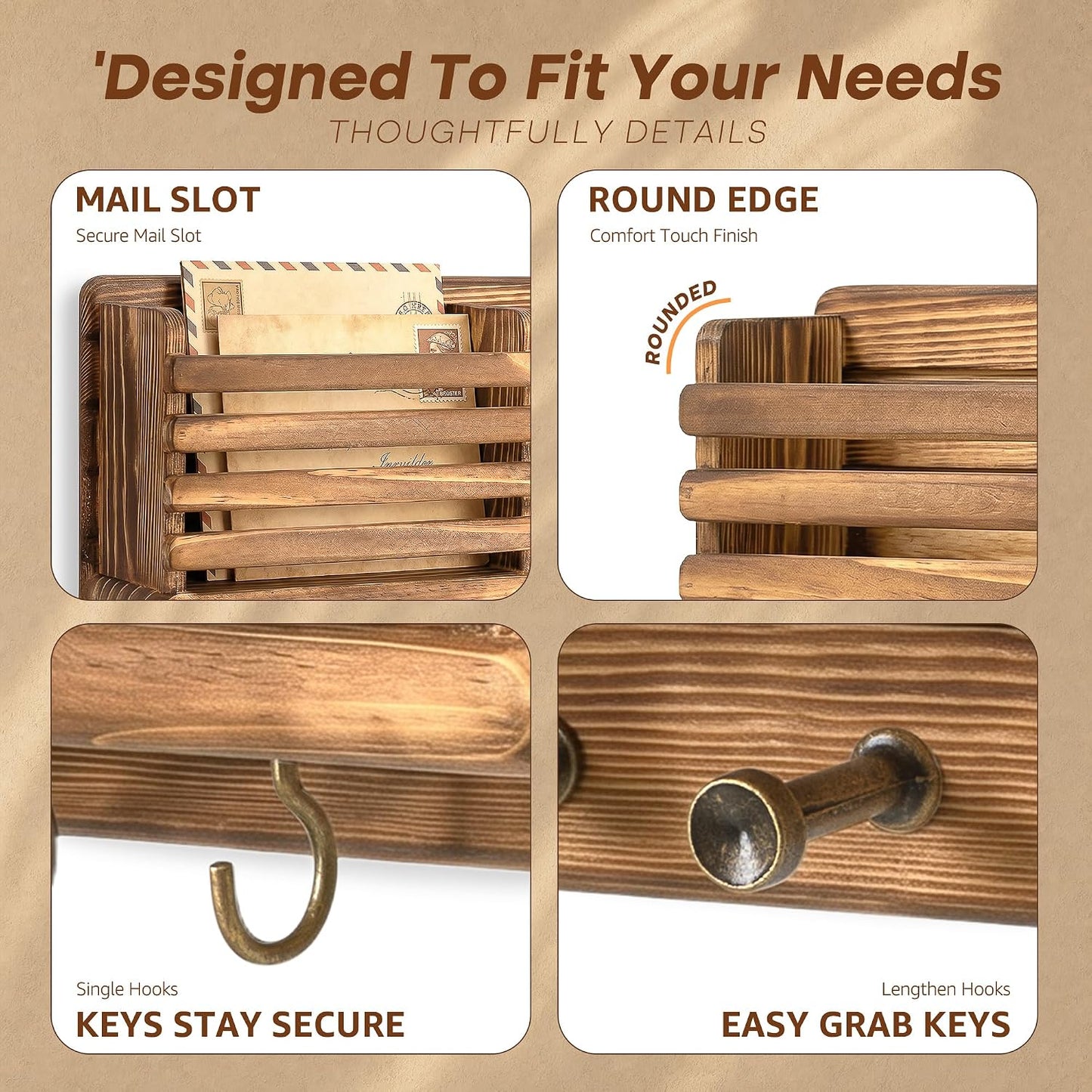 Rebee Vision Key Holder Wall Mount with Mail Slot for Entryway, Retro Brown | Pine Wood, Key Holder for Wall, 8 Hooks for Dog Leashes, Floating Shelf, Mail Sorter, New Home Essentials, Entryway Storage
