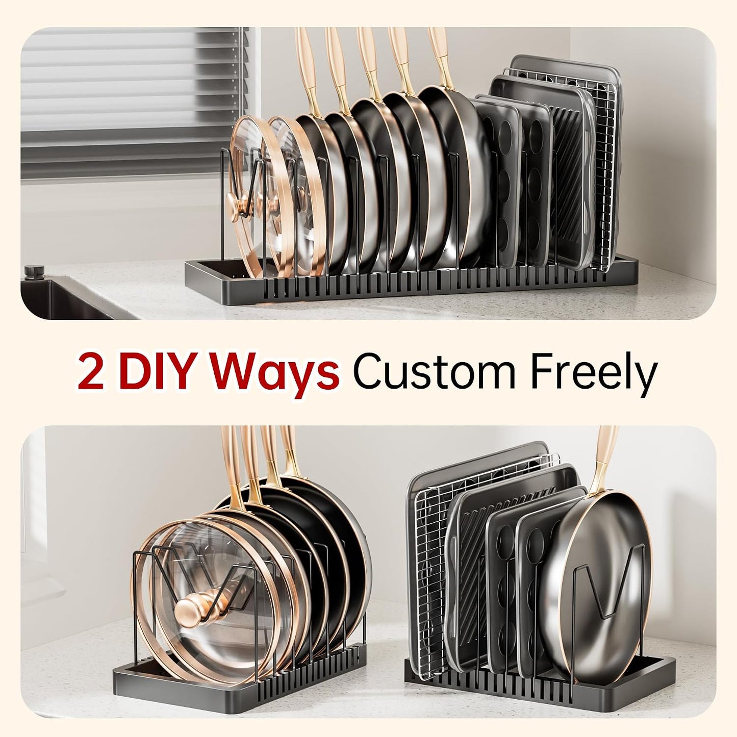 Expandable Pot and Pan Organizer with 10 Adjustable Dividers | Solid Metal Under‑Cabinet Pot Lid Organizer 14.1''‑24.8'', Lid Organizers Inside Cabinet, Fits Bakeware & Cookie Sheets