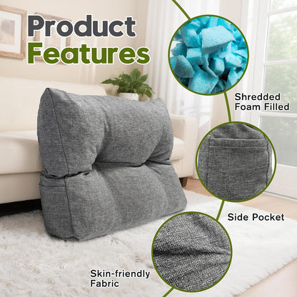 Back Cushion for Couch Wedge Lumbar Support Backrest Pillow with Shredded Foam Filled and Side Pocket Sofa Back Cushions for Sitting & Reading, 23.6×19.6×5.1Inch