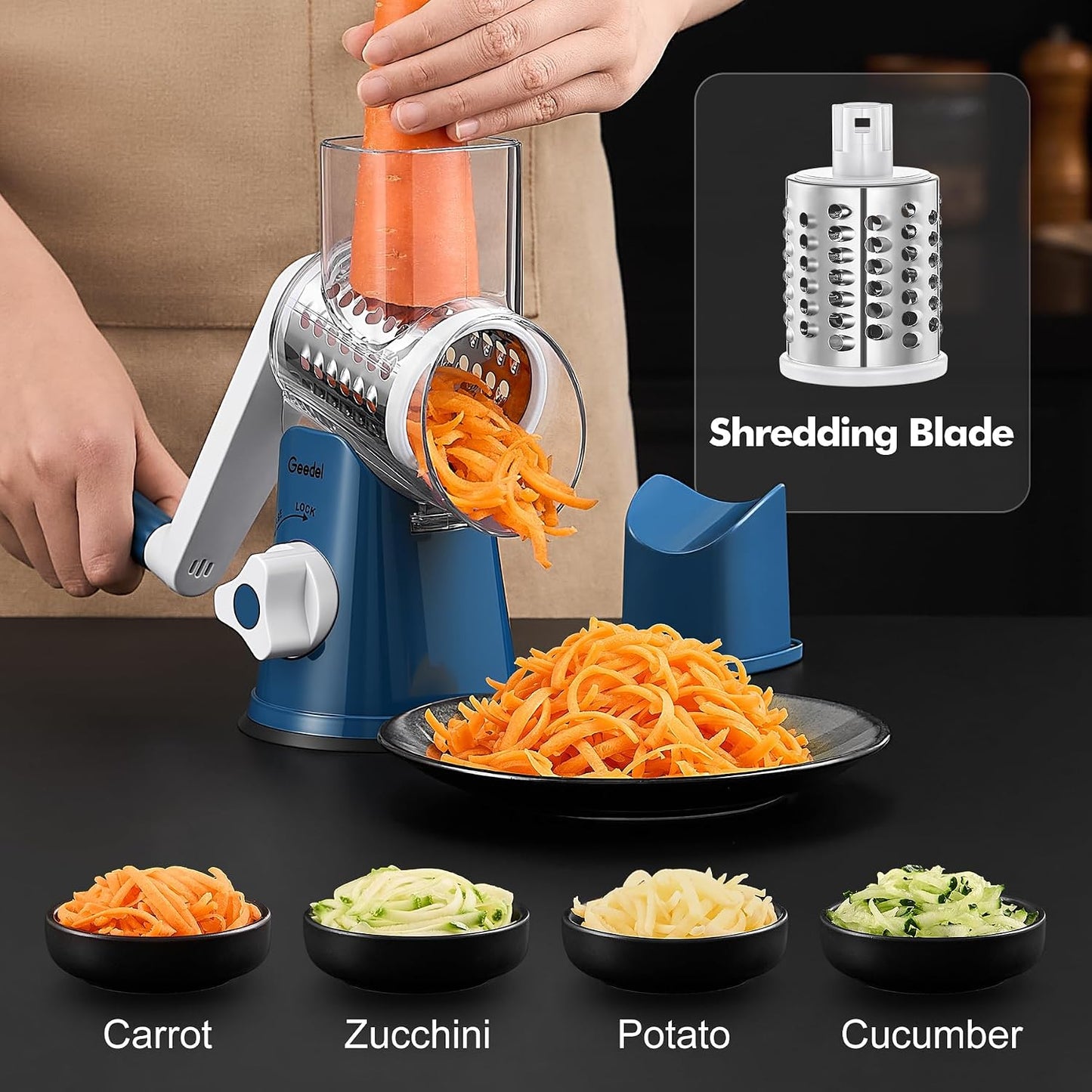 Geedel Rotary Cheese Grater, Kitchen Mandoline Vegetable Slicer with 3 Interchangeable Blades, Easy to Clean Rotary Grater Slicer for Fruit, Vegetables, Nuts | 3 Blades, 430 Stainless Steel, 12x Fast Cutting, Strong Suction Base, No BPA, Dishwasher Safe,