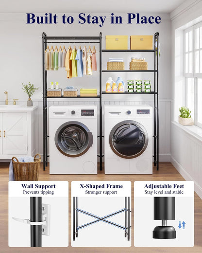 Kitsure Laundry Room Shelves - Multi-Functional Over Washer and Dryer Shelves with Hanging Bar & Removable Hooks, Space-Saving Organizer for Laundry Room, Kitchen, 58.4" W x 13.0" D x 70.9" H, Black