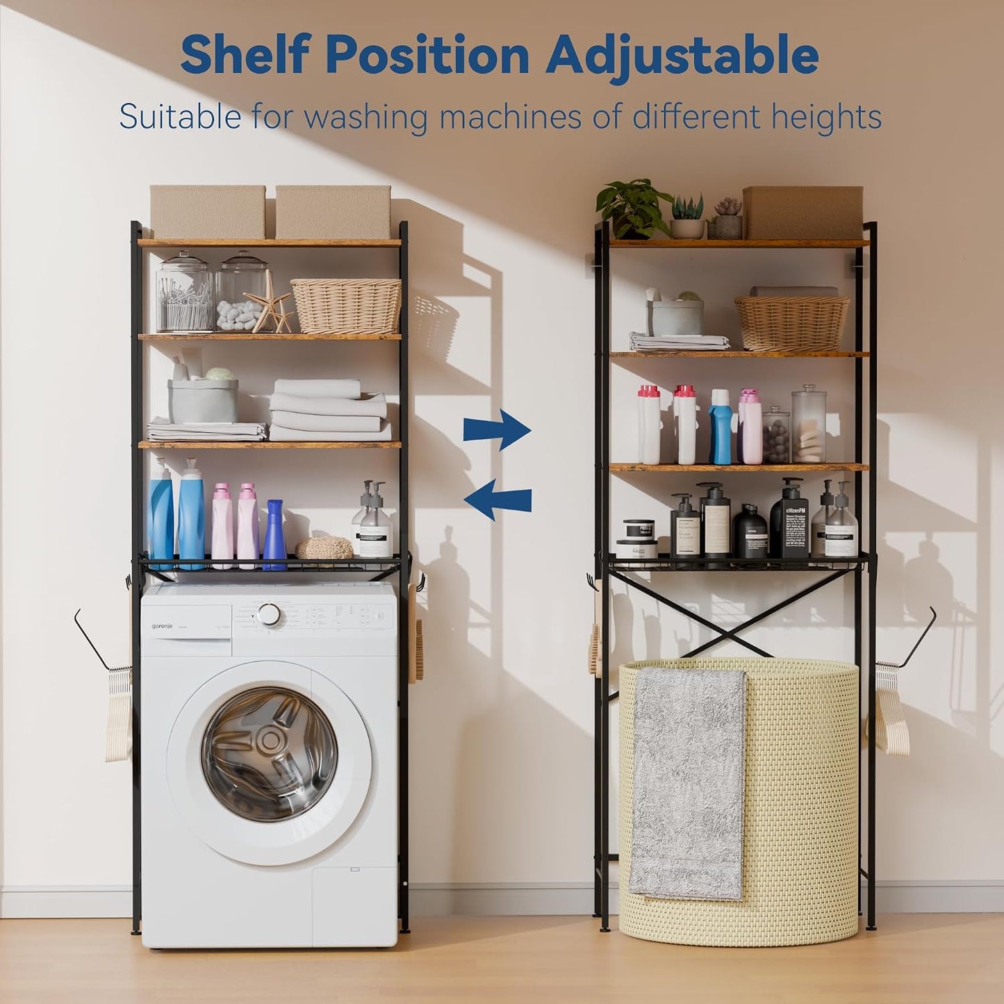 Laundry Room Storage Shelf & Organizer, 2 Tier Metal Over Washer and Dryer Shelves, Washing Machine Shelf with Hanger Rod, Expandable Bathroom Space Saver Shelf, 26–37" L x 15.8" W x 59.5" H, Black