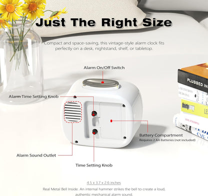 AYRELY® 4.5" Loud Analog Alarm Clock for Heavy Sleepers, 100 dB Alarm Sound | Mechanical Bell, Silent Quartz Desk Clock and Table Clock with 10-Second Night Light, Luminous Hands for Bedroom and Bedside