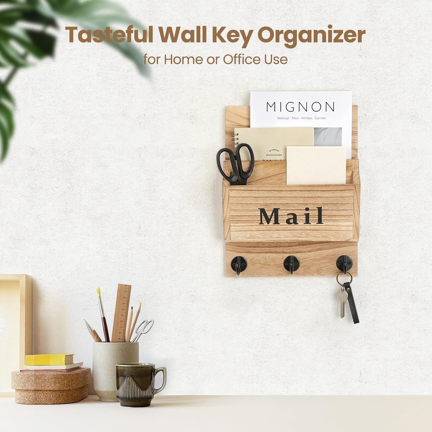 Mail and Key Holder, Wall Key Holder with 2 Mail Organizer Slot and 3 Hooks | Decorative 8.86" x 11.42" Mail Holder, Real Paulownia Wood with Keyhole Brackets, Hardware and Instructions