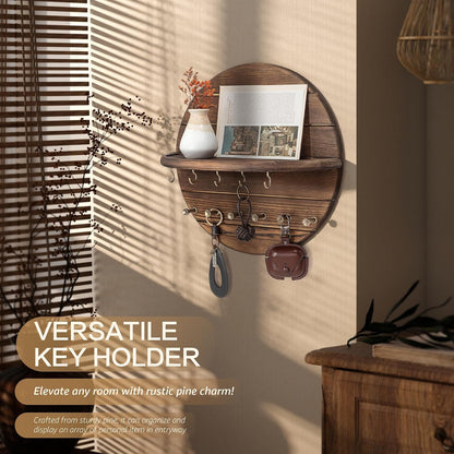 Rebee Vision Pine Wood Round Key Holder Wall Mount for Home Decor, Brown | Round Corner, Key Hooks for Dog leashes & Sunglasses, Display Shelf for Plant & Letters, Mail Organizer, Home Essentials