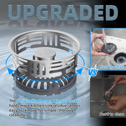 Hibbent 3 in 1 Kitchen Sink Drain Strainer, Metal Pop Up Stopper | Larger Anti-Clogging Basket, 3-Layer Seal, Detachable Sink Drain Plug for US Standard 3-1/2" Drain, Brushed Stainless Steel
