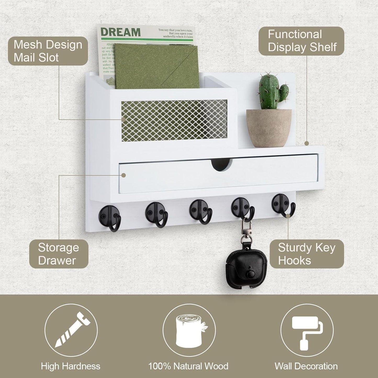 Key Holder for Wall with 5 Key Hooks and Storage Drawer | Key Holder Wall Mount, Mail Organizer for Entryway Living Room Farmhouse Home Decor