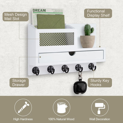 Key Holder for Wall with 5 Key Hooks and Storage Drawer | Key Holder Wall Mount, Mail Organizer for Entryway Living Room Farmhouse Home Decor