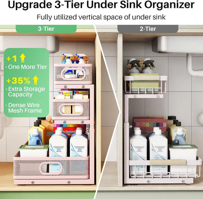 Kitstorack Under Sink Organizer, 2-Pack 3-Tier Height Adjustable Thickened Metal Pull out Cabinet Organizer Shelf, Slide out Storage Drawer Rack for Bathroom Kitchen Pantry Home Laundry Organization