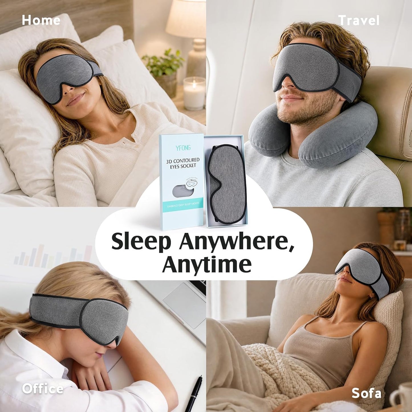 YFONG Sleep Mask for Side Sleepers Women Men, Soft & Breathable Bamboo Viscose Eye Mask for Sleeping, 100% Blackout 3D Eye Cover, Wider Adjustable Hook & Loop Straps for Ultra Comfort, Light Gray