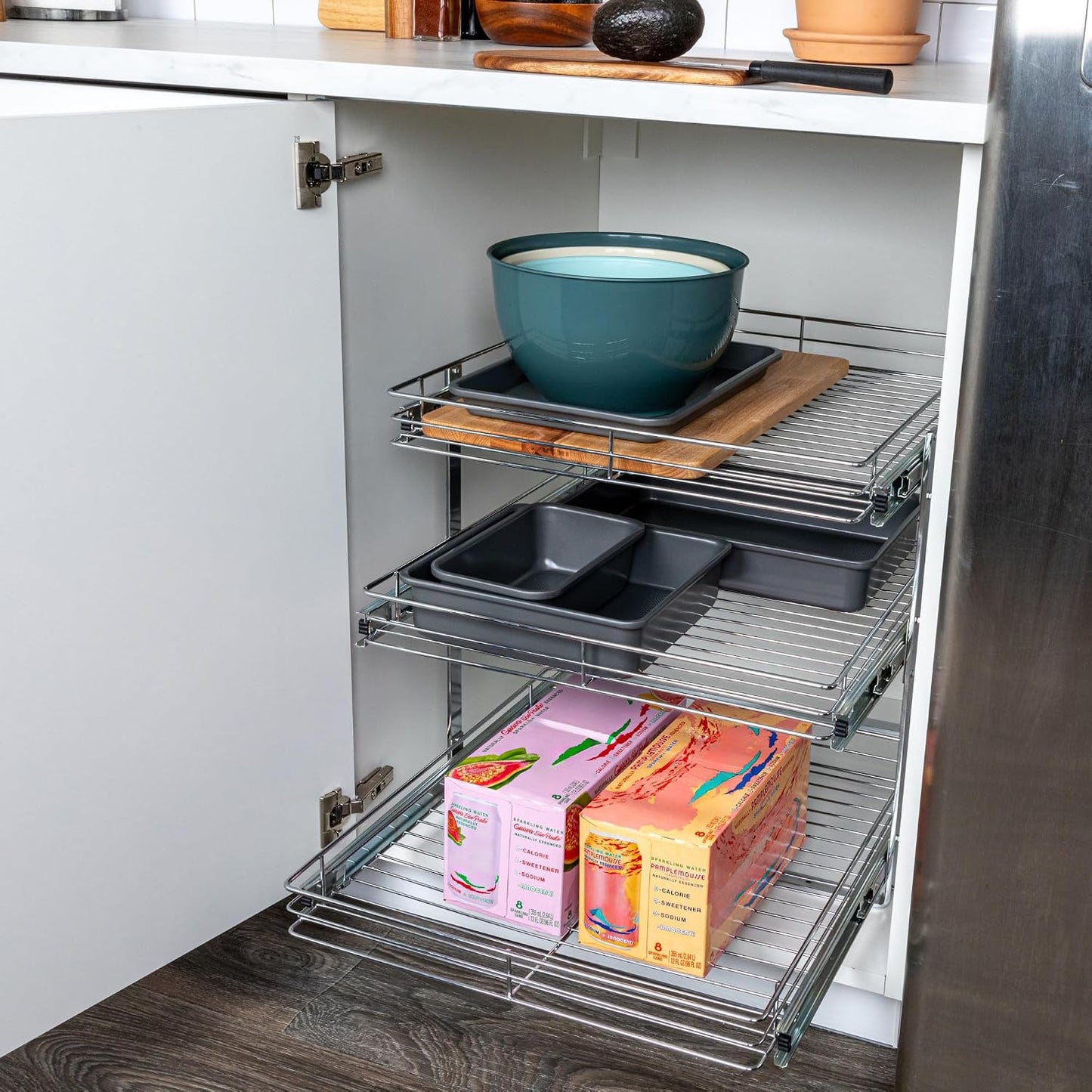 Household Essentials Glidez Multipurpose Chrome-Plated Steel Pull-Out/Slide-Out Storage Organizer for Cookware and Bakeware - 2-Tier Design - Fits Standard Size Cabinet or Shelf, Chrome