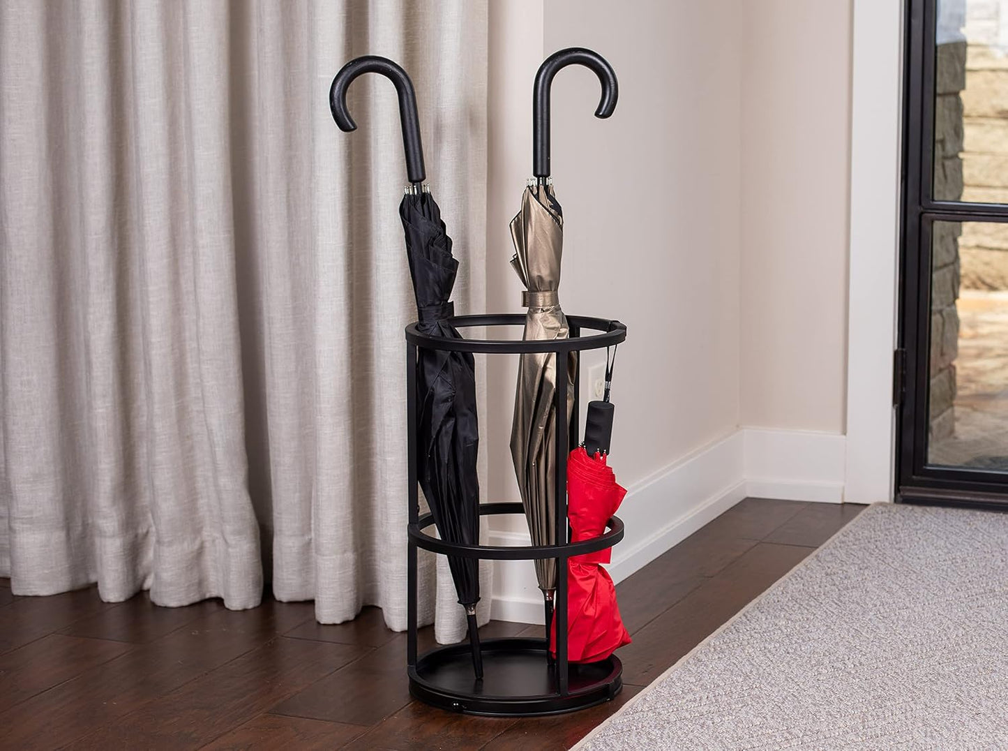 BIRDROCK HOME Decorative Umbrella Stand with Removable Water Tray - Large Freestanding Umbrella Rack and Cane Walking Stick Organizer - Metal Umbrella Holder for Entryway & Indoor Use - Black, Striped | Decorative Large Freestanding Rack and Cane Walking