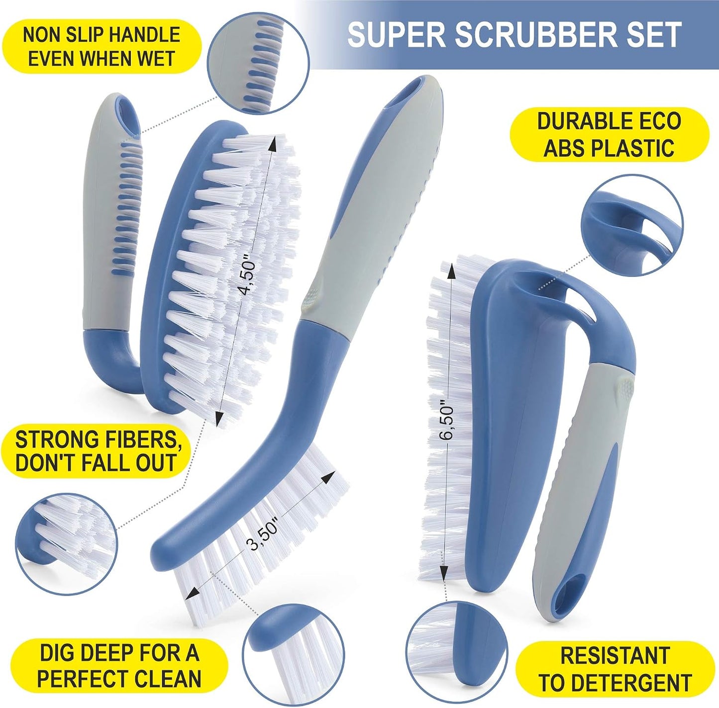 Scrub Brush Set of 3pcs - Cleaning Shower Scrubber with Ergonomic Handle and Durable Bristles - Grout Cleaner Brush - Scrub Brushes for Cleaning Bathroom/Shower/Tile/Kitchen/Floor/Bathtub/Carpet
