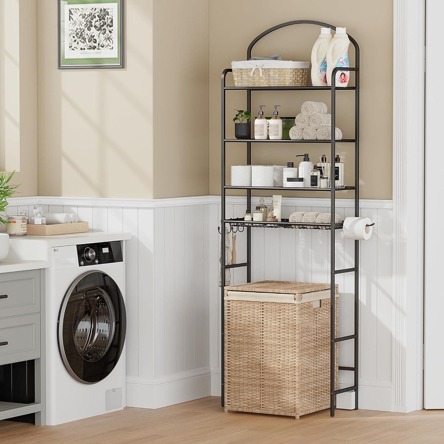 3 Tier Over The Toilet Storage Rack, Bathroom Organizer | Toilet Storage with 4 Hooks & Paper Holder, Space-Saving, Freestanding Bathroom Shelf, Metal, White