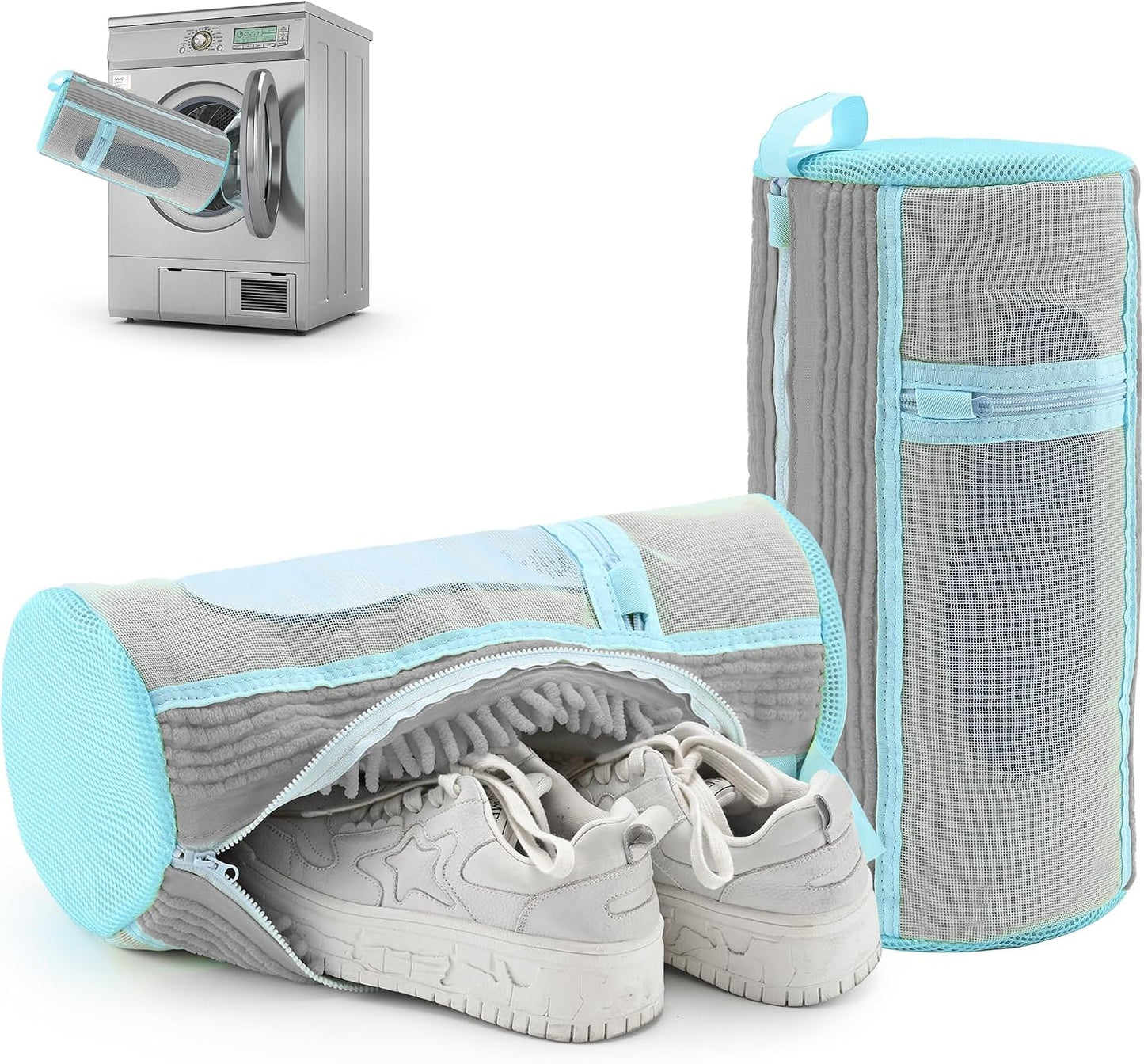 Shoe Washing Machine Bag: 2 pcs laundry Shoe Bag for Washer and Dryer – Dual Mesh Pockets for Insoles & Laces - 360° Deep Clean Bag for Sneakers Tennis Running Shoes(Grey)