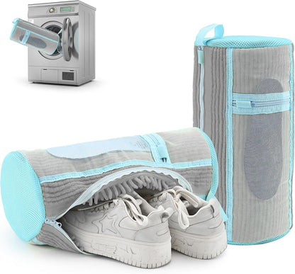 Shoe Washing Machine Bag: 2 pcs laundry Shoe Bag for Washer and Dryer – Dual Mesh Pockets for Insoles & Laces - 360° Deep Clean Bag for Sneakers Tennis Running Shoes(Grey)