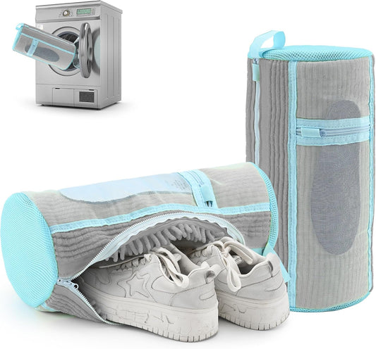 Shoe Washing Machine Bag: 2 pcs laundry Shoe Bag for Washer and Dryer – Dual Mesh Pockets for Insoles & Laces - 360° Deep Clean Bag for Sneakers Tennis Running Shoes(Grey)