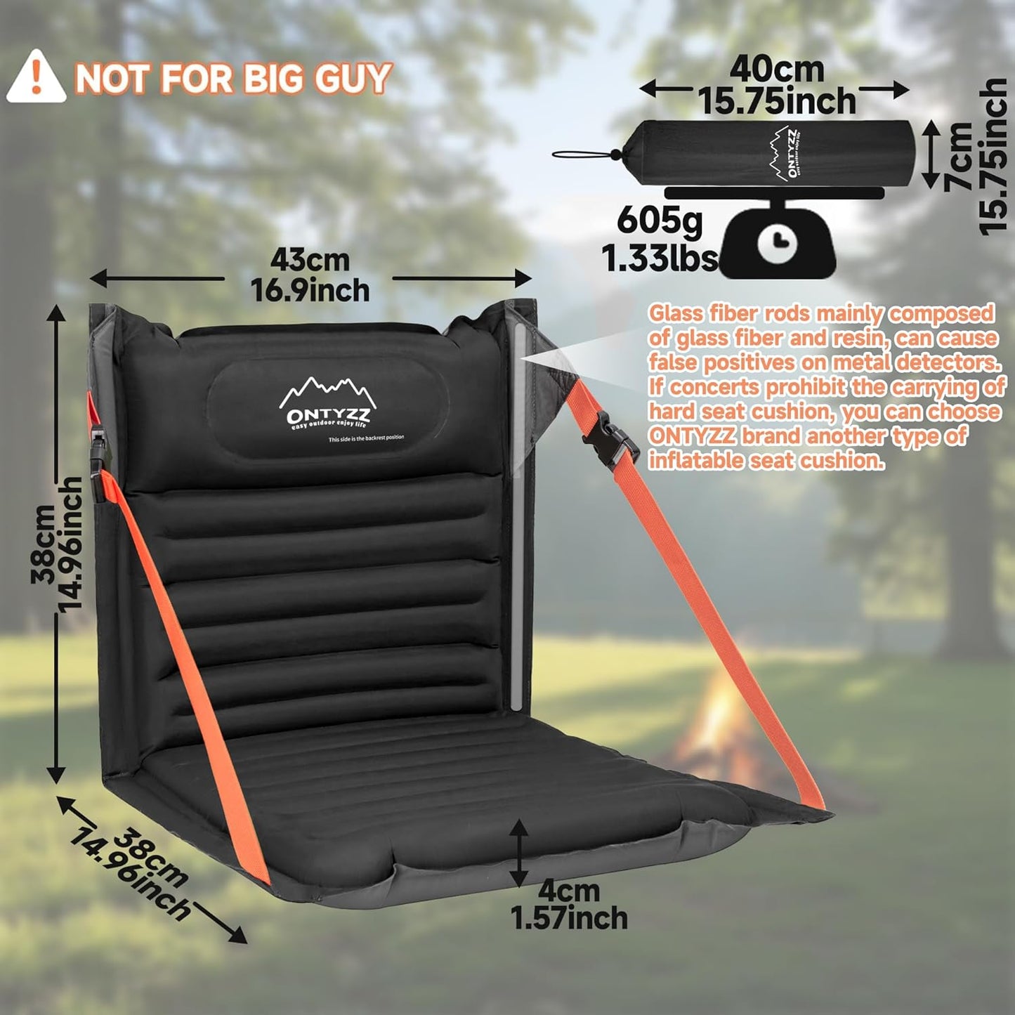 Stadium Seats with Back Support Inflatable Portable Folding Seat | Waterproof Cushion with Backrest for Sports Events Stadium and Camping, Black Heated Version