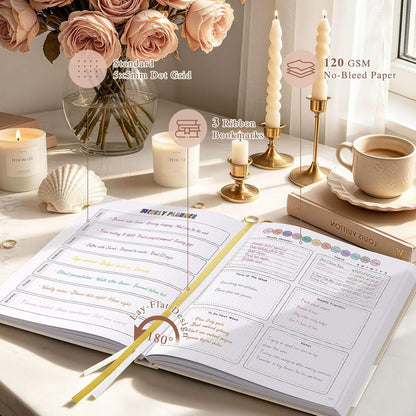 Everloria Premade Dotted Journal Notebook, 12 Months Pre-made Bullet Templates, 260 Hand-Drawn Coloring Pages, Undated Weekly & Monthly Planner, 7.8"x9.3" Linen Dot Grid Habit Mood Tracker, Lilac