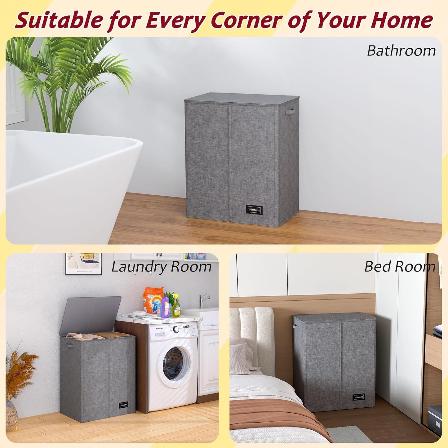 195L Laundry Hamper 3 Section,Large Laundry Hamper with Lid,Dirty Clothes Hamper with 3 Inner Bags,Collapsible Laundry Basket Organizer for Laundry Room,Bedroom,Laundry Sorter Hamper 3 Compartment