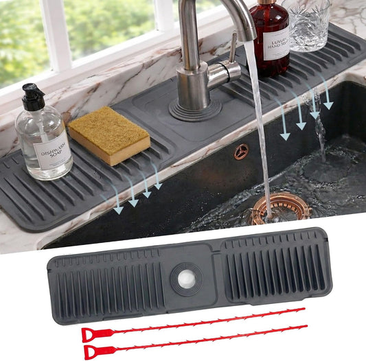 Faucet Mat for Kitchen Sink – 24 Inch Silicone Sink Splash Guard with 2 FREE Drain Cleaning Rods, Food-Grade Kitchen Faucet Mat, Self-Draining Countertop Protector for Kitchen & Bathroom