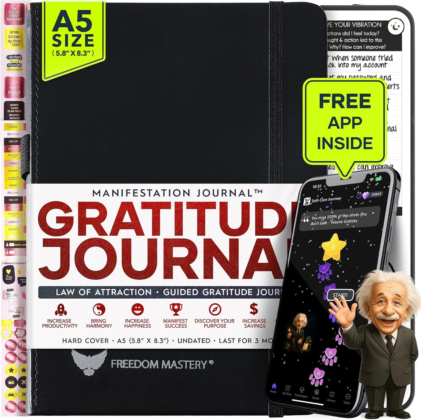Freedom Mastery Daily Journal of Gratitude, Productivity & Habit Tracker | Undated 90-Day Planner with Daily Reflection, Mindfulness, Positivity, Vision Board & Stickers, Gratitude Journal for Women
