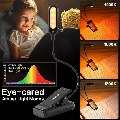VAVOFO Rechargeable Book Light, Blue Light Blocking, Amber 1600K Clip On Reading Light, Eye Care 7 LEDs Kids Book Light for Reading in Bed with Power Indicator for Bookworms (Neon Orange)