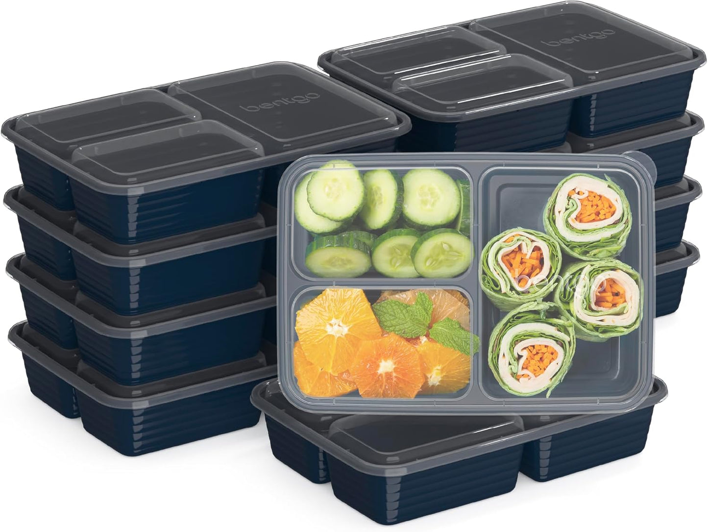 Bentgo Prep 3-Compartment Meal Prep Containers with Lids, 20 Piece Set | 4-Cup Capacity, Portion Control, Stackable, Microwave, Freezer & Dishwasher-Safe, PFAS & BPA-Free (Navy Blue)