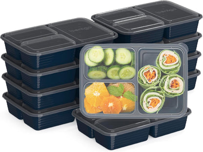 Bentgo Prep 3-Compartment Meal Prep Containers with Lids, 20 Piece Set | 4-Cup Capacity, Portion Control, Stackable, Microwave, Freezer & Dishwasher-Safe, PFAS & BPA-Free (Navy Blue)
