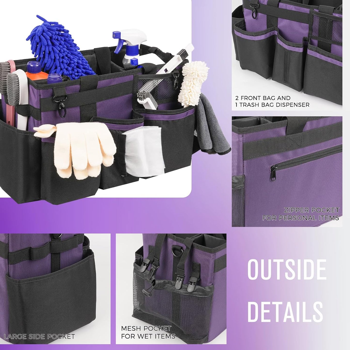 SCAVATA Wearable Cleaning Caddy, Cleaning Caddy Supplies Organizer with Handle & Shoulder Straps for Housekeepers, Under Sink & Car Cleaning Tool Organizers Bag with 4 Foldable Divider (NavyBlue)