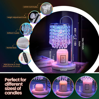 Candle Warmer Lamp with Timer Dimmer，2H/4H/8H Timer , Lamp Candle Warmer with Marble Base for Adjustable Height, Crystal Wax Melt Warmer for Jar Candles, House Warming Decor Gifts Mothers Day Gifts