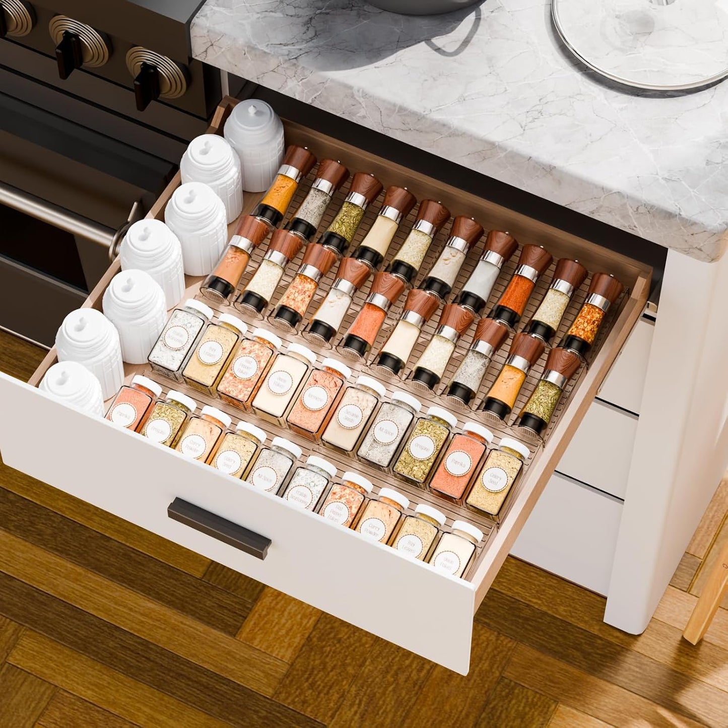 8 Pack Adjustable In Drawer Spice Organizer - Expandable From 11'' to 22'' - Acrylic Drawer Seasoning Organizer,Clear Spice Organization Tray for Cabinet Drawers Condiment,Nail Polish and Jar