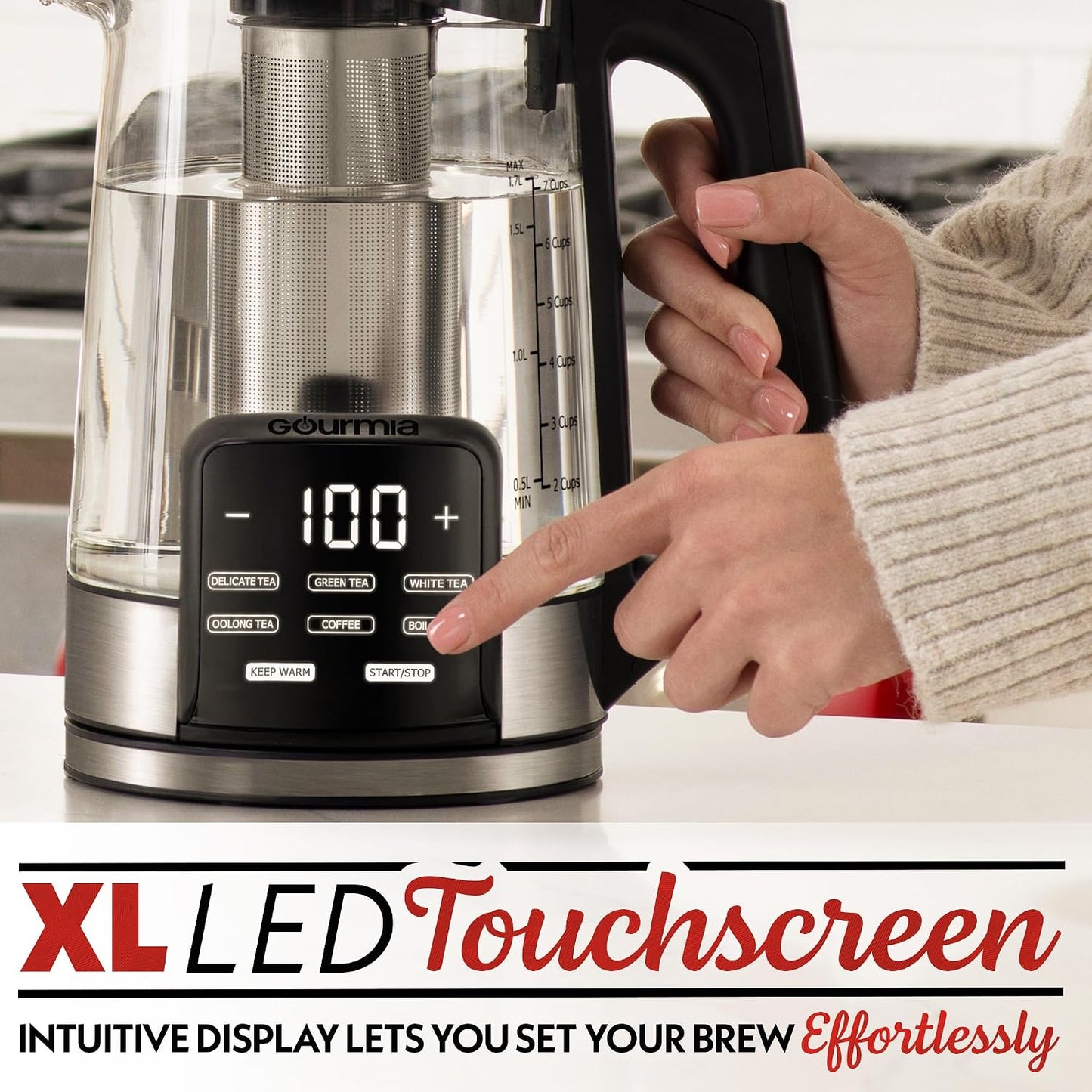 Gourmia Electric Glass Kettle – 1.7L Programmable Tea & Coffee Brewer with Digital Touch Display, 6 Presets, Removable Stainless Steel Infuser, Cordless with 360° Swivel Base, Black