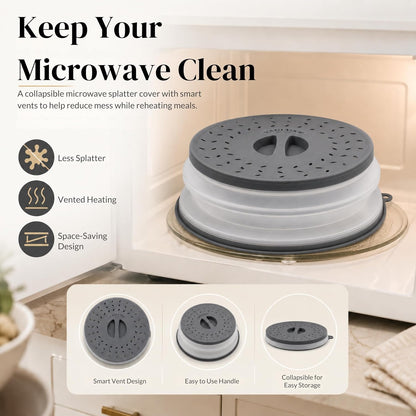 10.5" Collapsible 2-in-1 Silicone Microwave Splatter Cover, Foldable, Grey