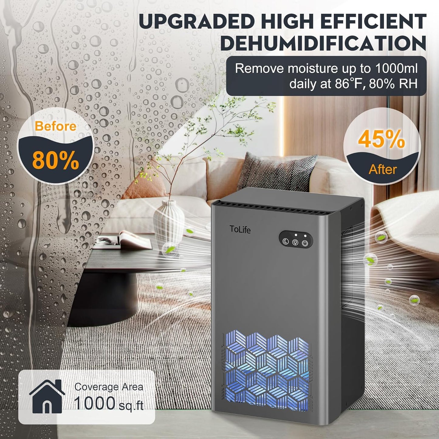 ToLife Dehumidifier for Home, 1000 sq.ft Dehumidifiers for Bedroom Bathroom Basement with 95 OZ Water Tank, Auto Shut Off 7 Colors LED Light, White Black