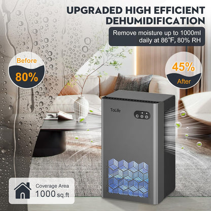 ToLife Dehumidifier for Home, 1000 sq.ft Dehumidifiers for Bedroom Bathroom Basement with 95 OZ Water Tank, Auto Shut Off 7 Colors LED Light, White Black