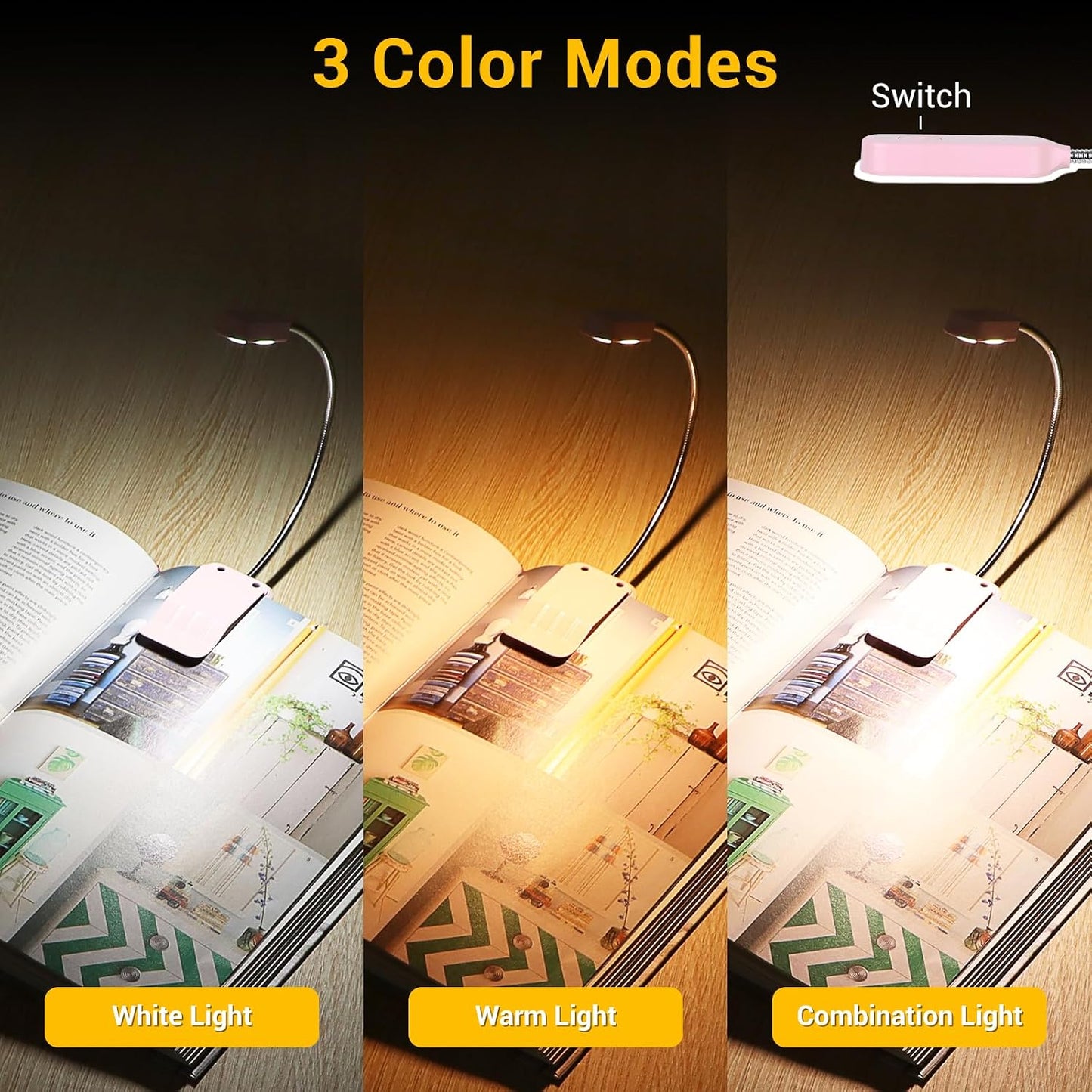 Book Light 2 Pack, Rechargeable Reading Lights for Books in Bed-Eye Caring 3 Colors, Stepless Dimming, 360° Flexible Studying Small Desk Lamp, Lightweight Clip-on LED Night Light for Book Lovers, Kids